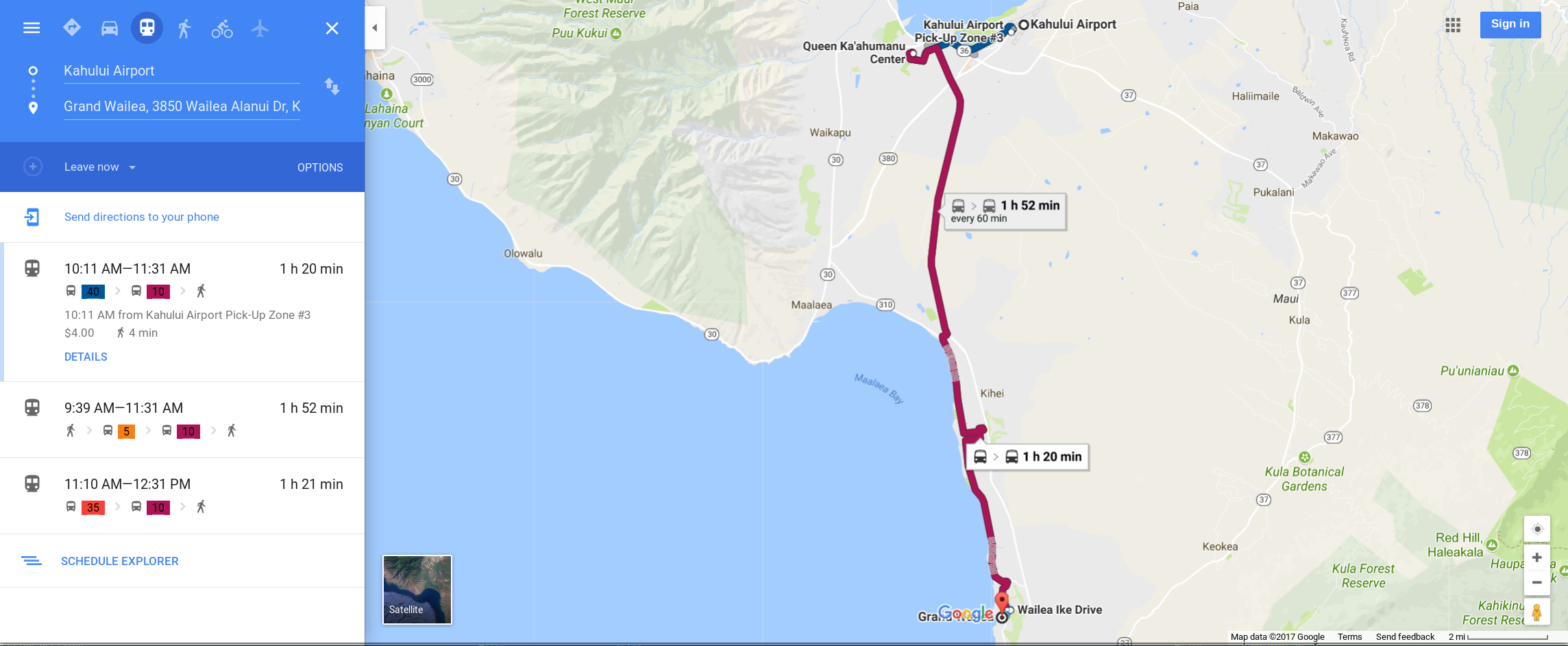 Transite map from Kahului Airport to the Grand Wailea Hotel